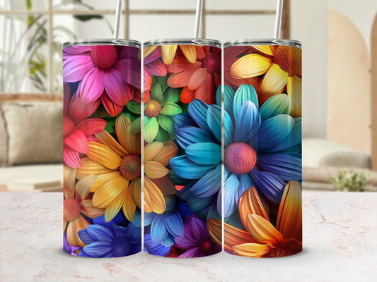 Three vibrant tumblers featuring a close-up floral pattern in rainbow colors.