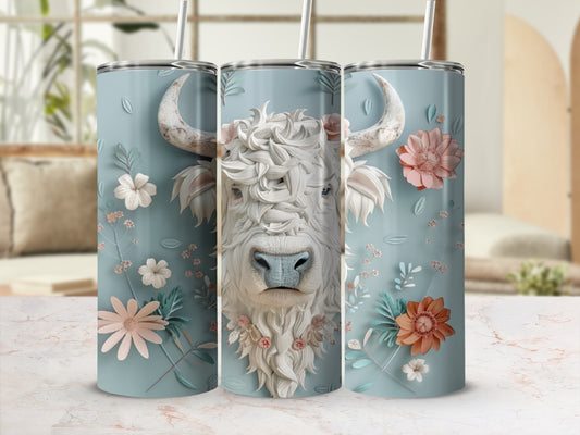 Cow skull with flowers design on a tall tumbler.