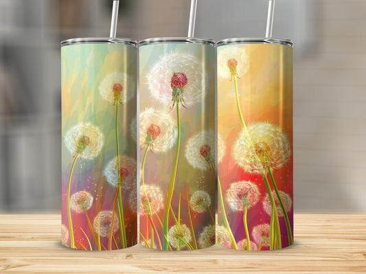 Three tumblers with dandelion floral designs on a wooden surface.