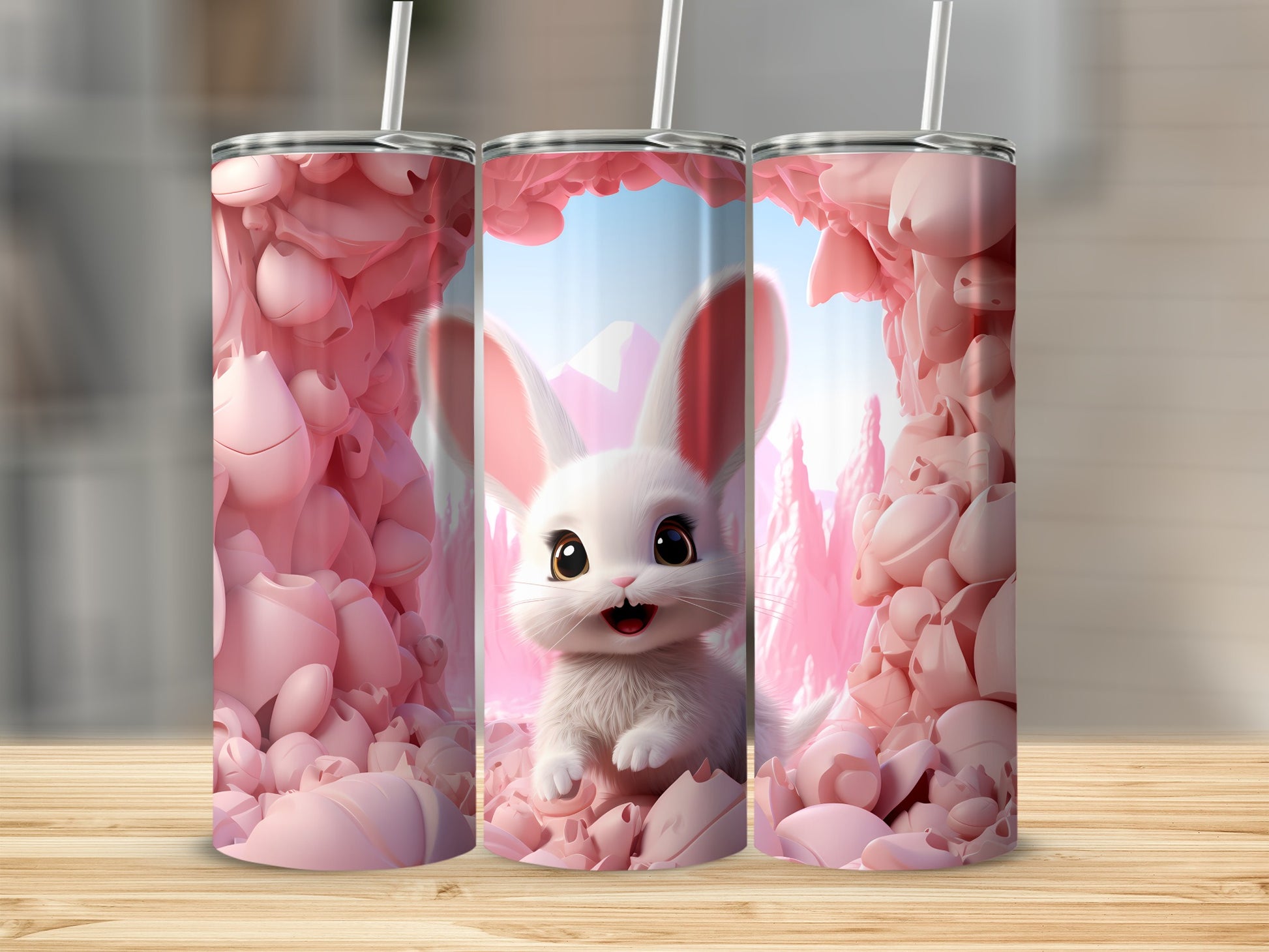 Cute Pink Bunny and Flowers Travel Tumbler Cup