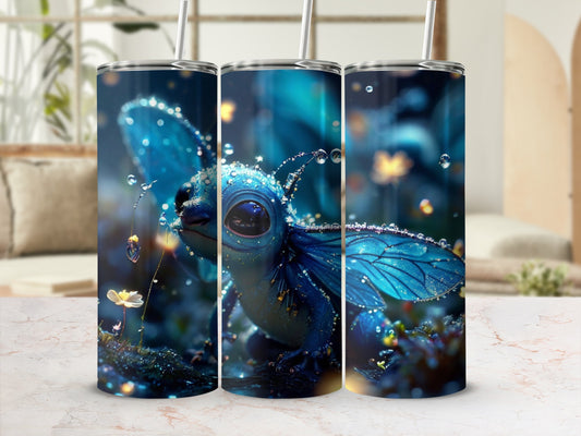 Blue dragon or fairy creature with wings on a floral background.