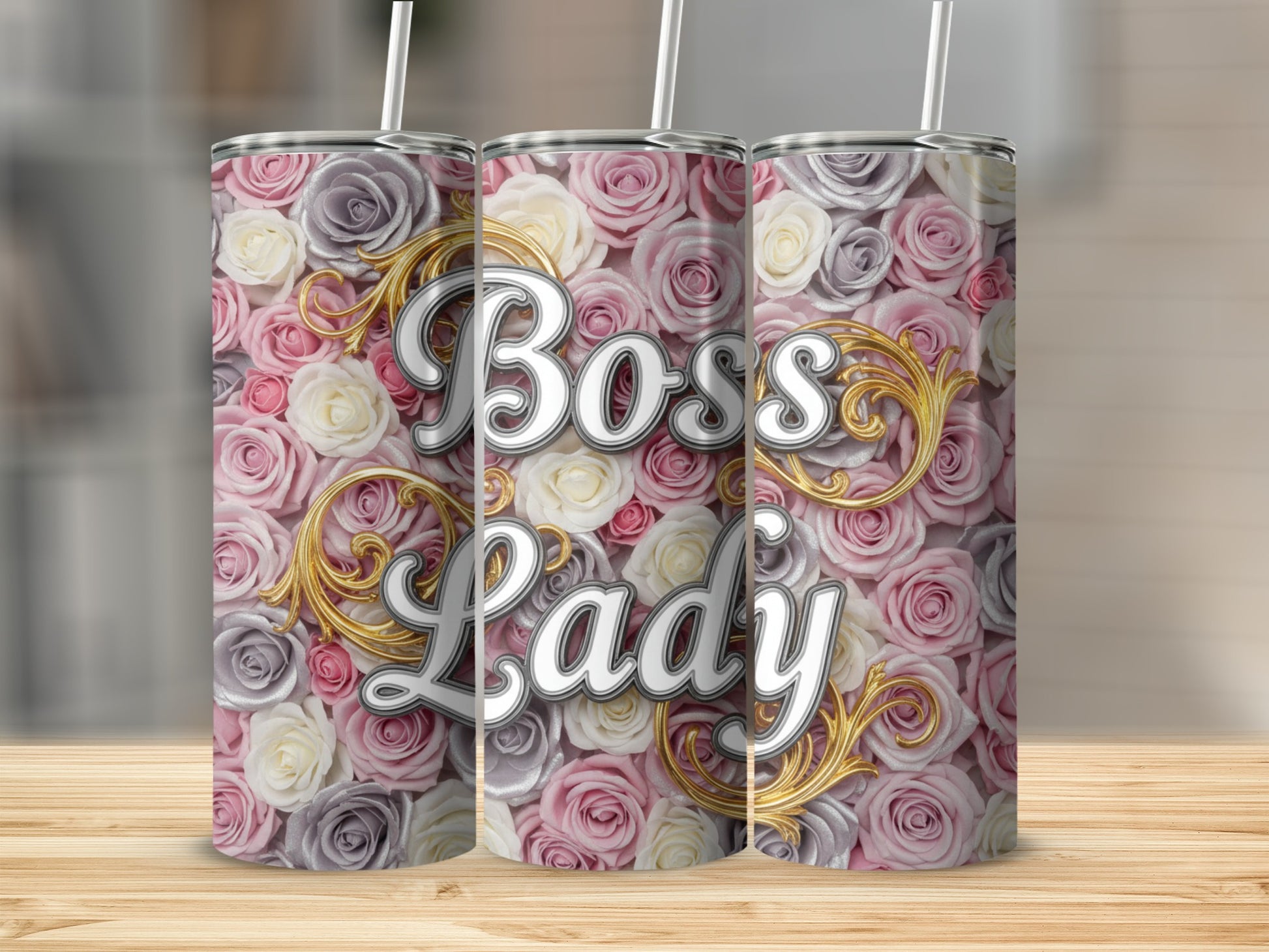 Boss Lady Rose Pattern Tumbler with Straw Stainless Steel