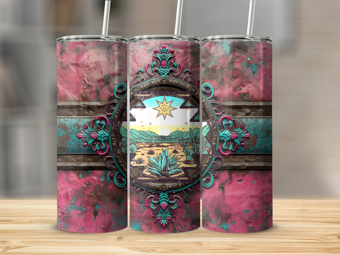 Three tumblers featuring a desert landscape with a sun and cactus emblem.
