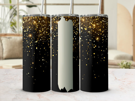 Black tumbler with gold glitter accents and a white label.