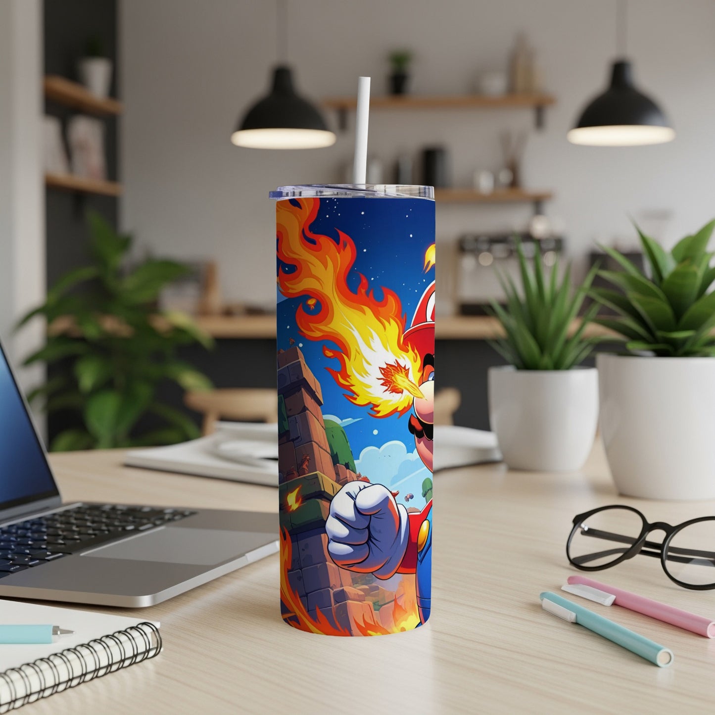 Mario character with fire effect on a tumbler with kitchen background.