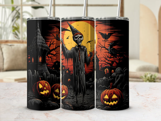 Three tumblers with a Halloween scene featuring a skeleton, spooky houses, and jack-o'-lanterns.