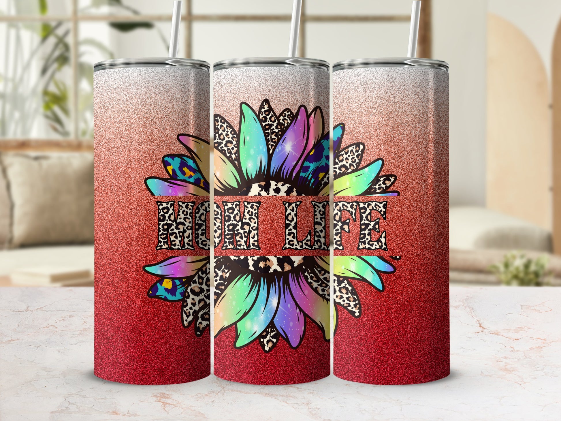 Glittery red tumbler with "HI LIFE" sunflower design.