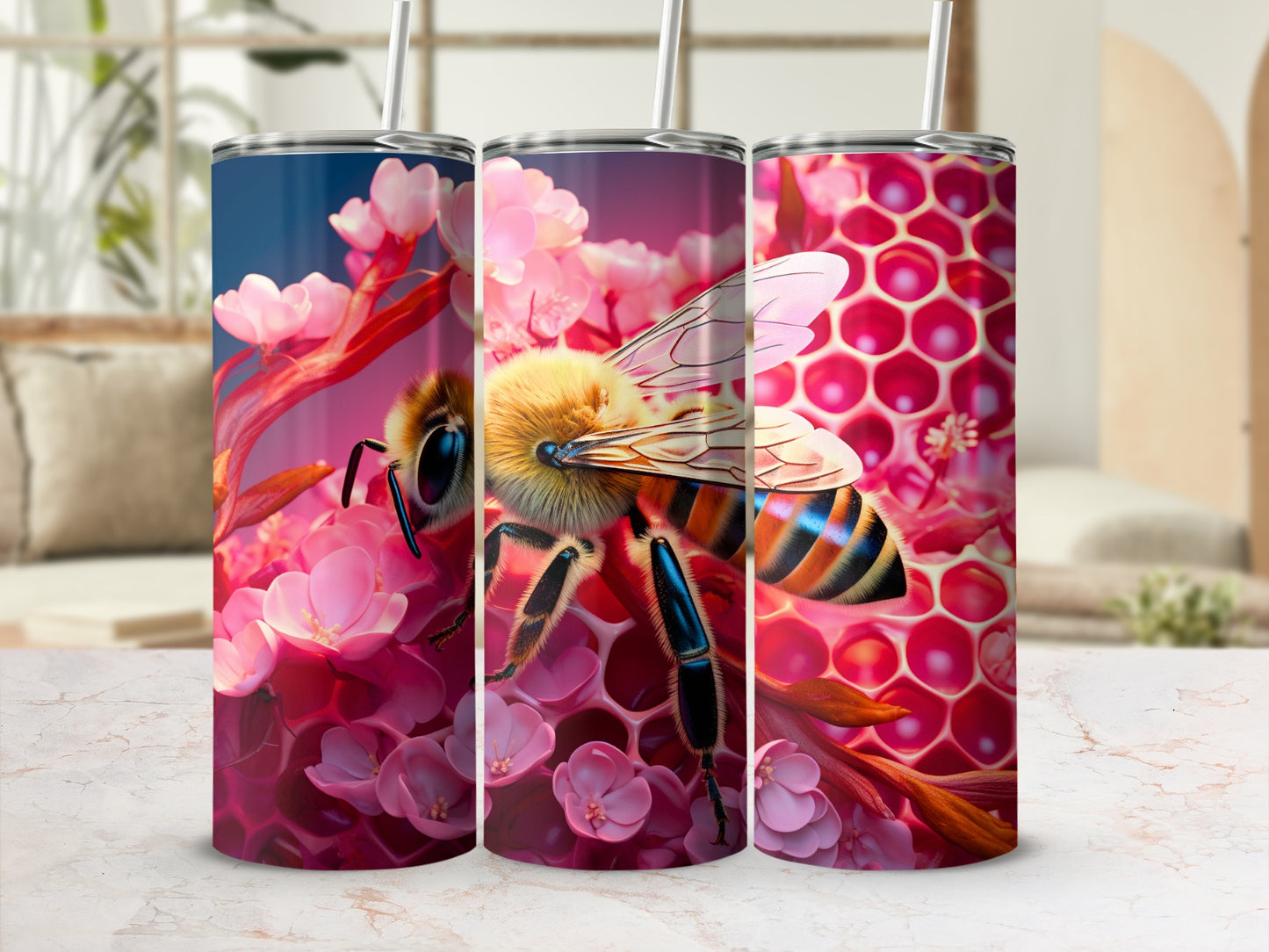 Vibrant Bee Pink Blooms Honeycomb Art Product type