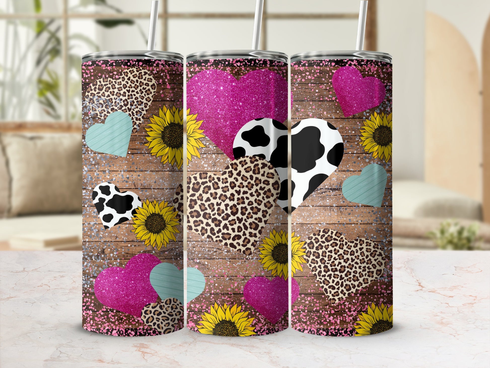 Colorful Hearts and Sunflowers Tumbler