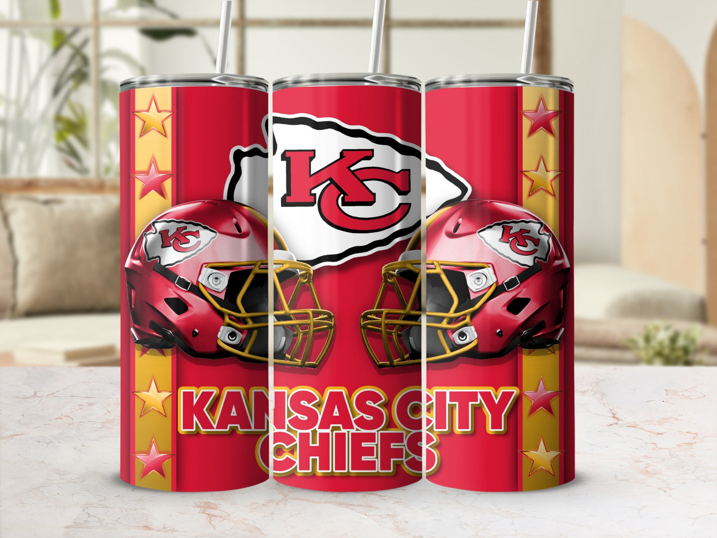 Kansas City Chiefs Football Helmets Stars Red Background Tumblers