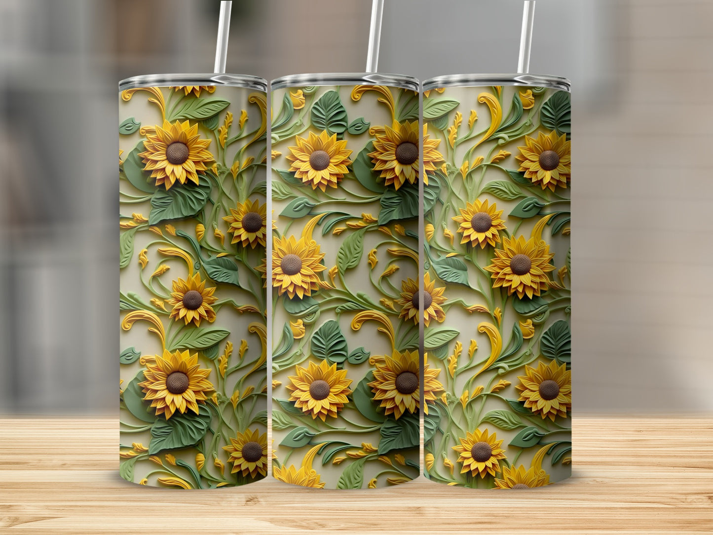 Beautiful Sunflower Print with Leaves Tumbler