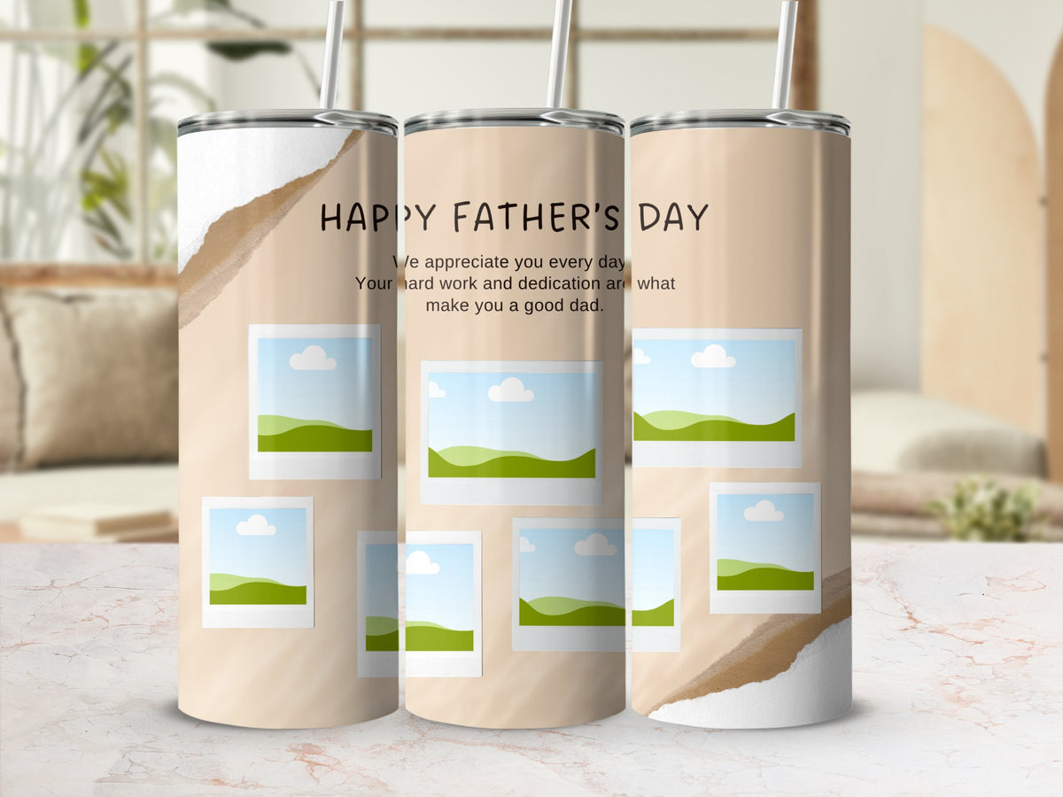 Tumbler with "Happy Father's Day" and a sentimental message surrounded by photo frames.