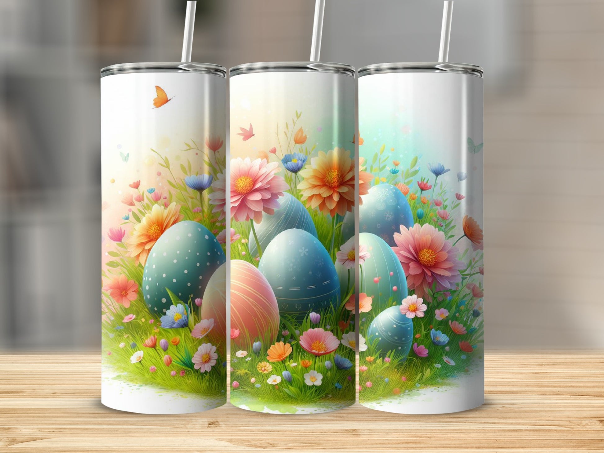 Easter eggs nestled in a floral meadow with butterflies.