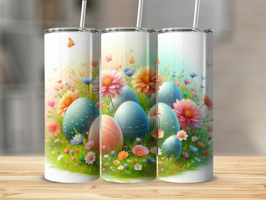 Easter eggs nestled in a floral meadow with butterflies.