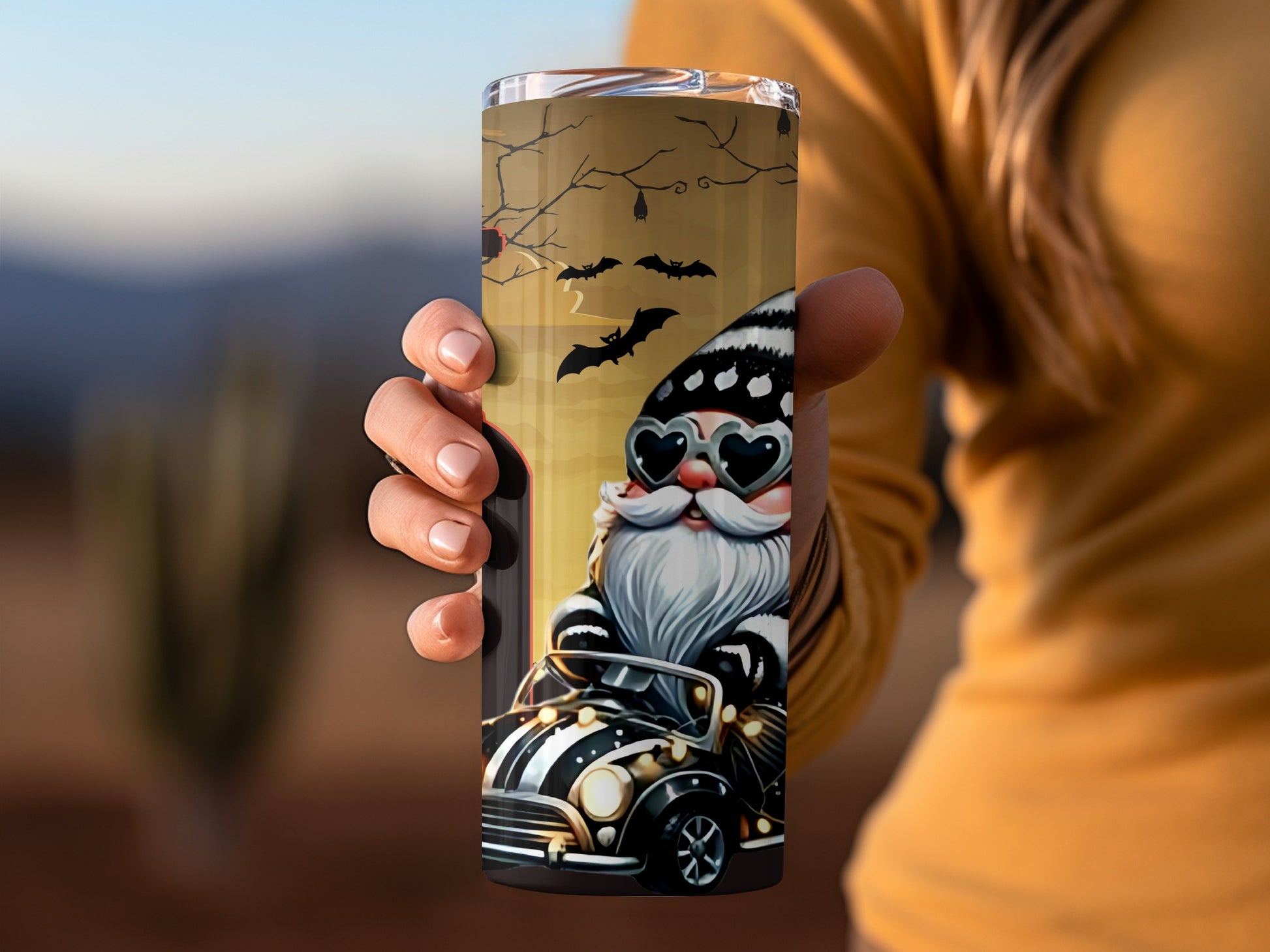 Halloween Gnome Driving Bat Themed Tumbler Cup