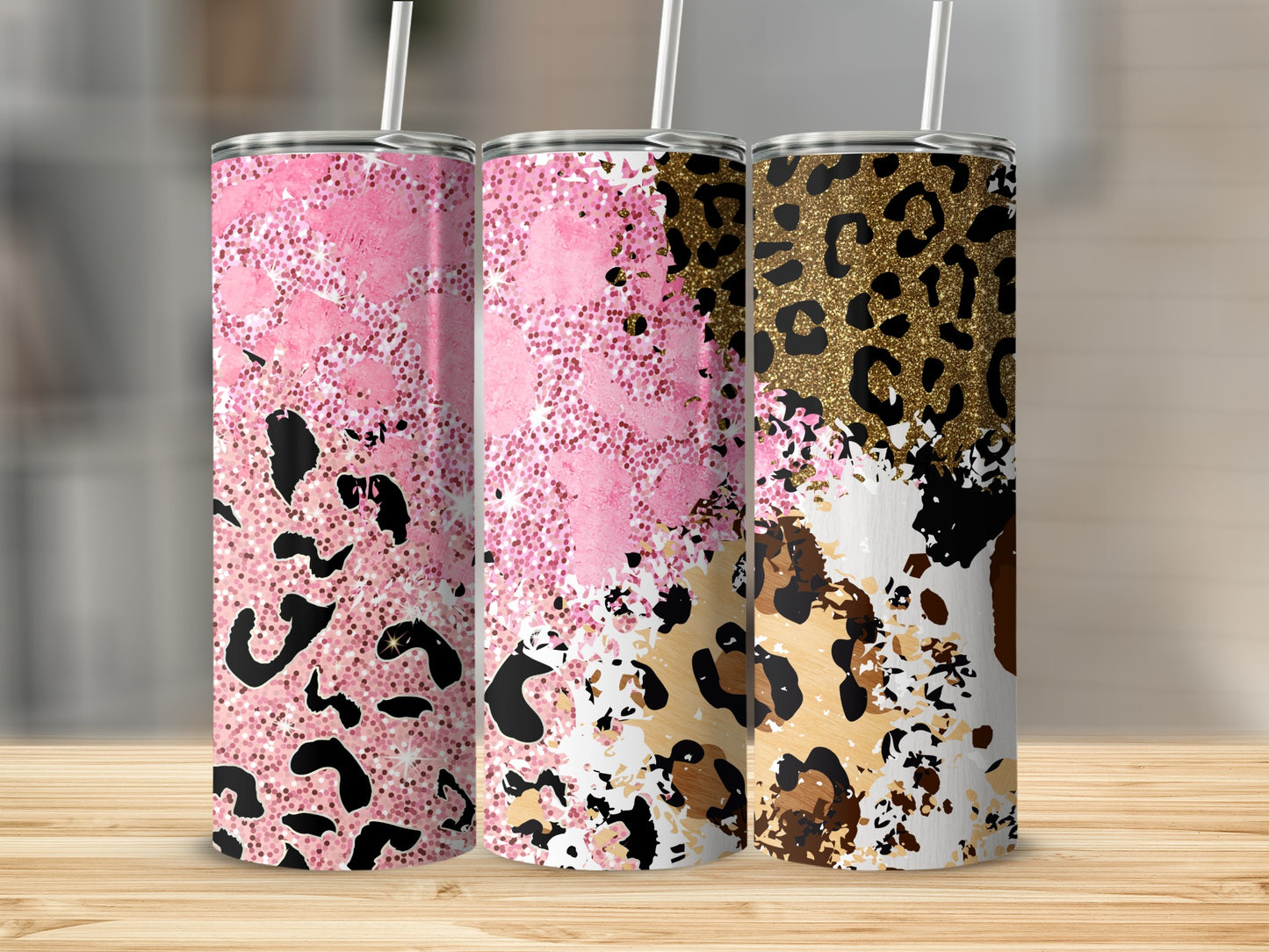 Pink and Leopard Print Tumbler Cups Set Drinkware