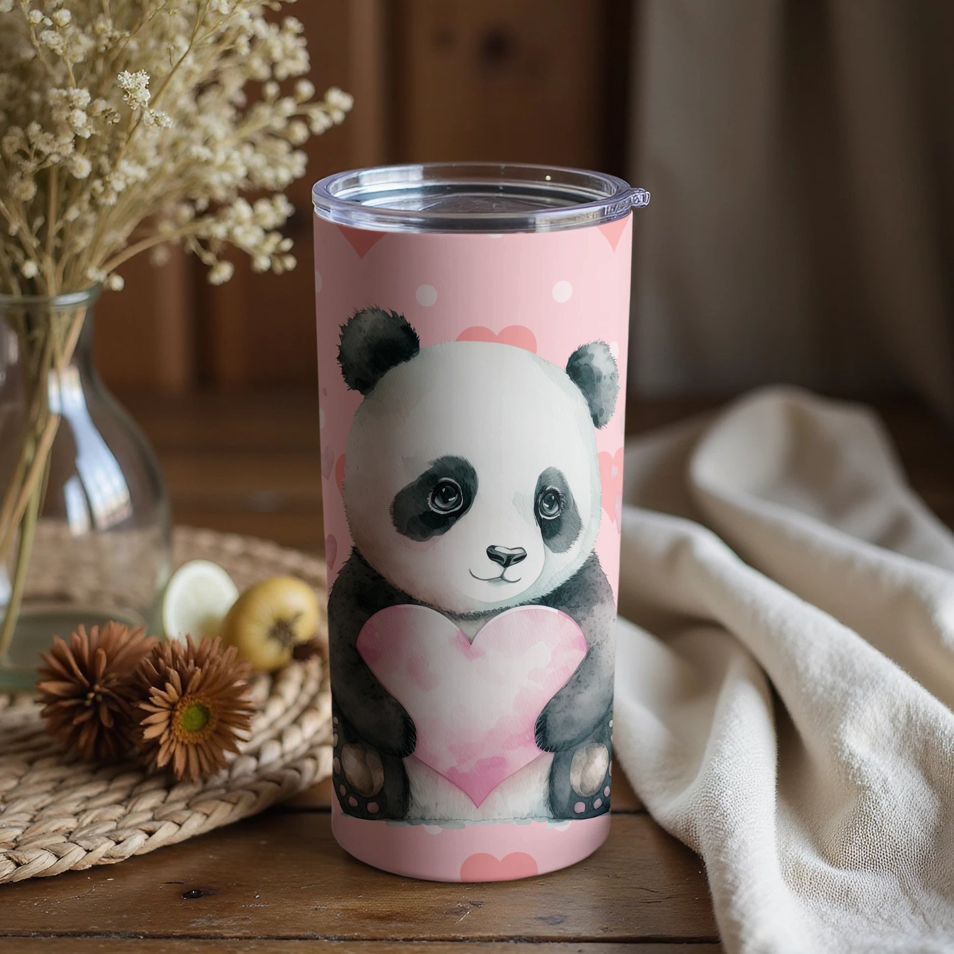 Cute Panda with Heart Pink Tumbler for Drinks