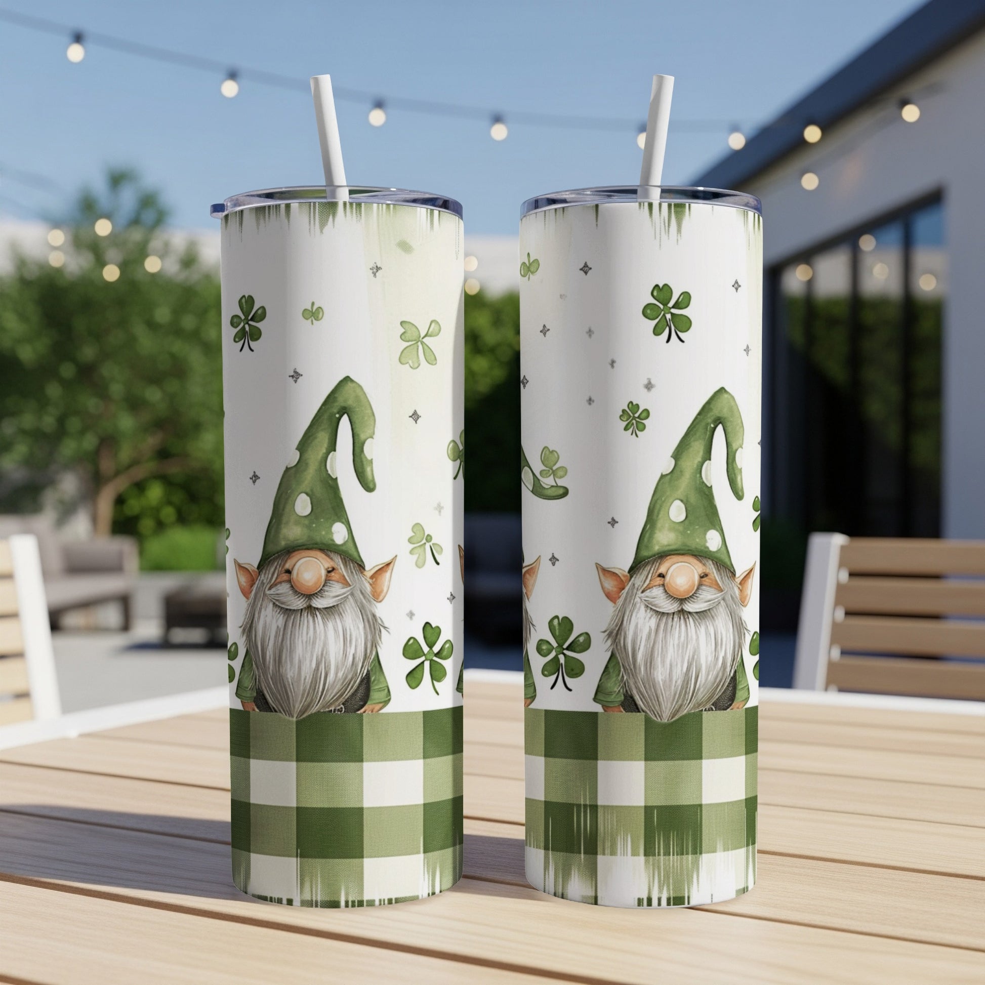 Two Saint Patrick's Day themed tumblers with gnomes and shamrocks.