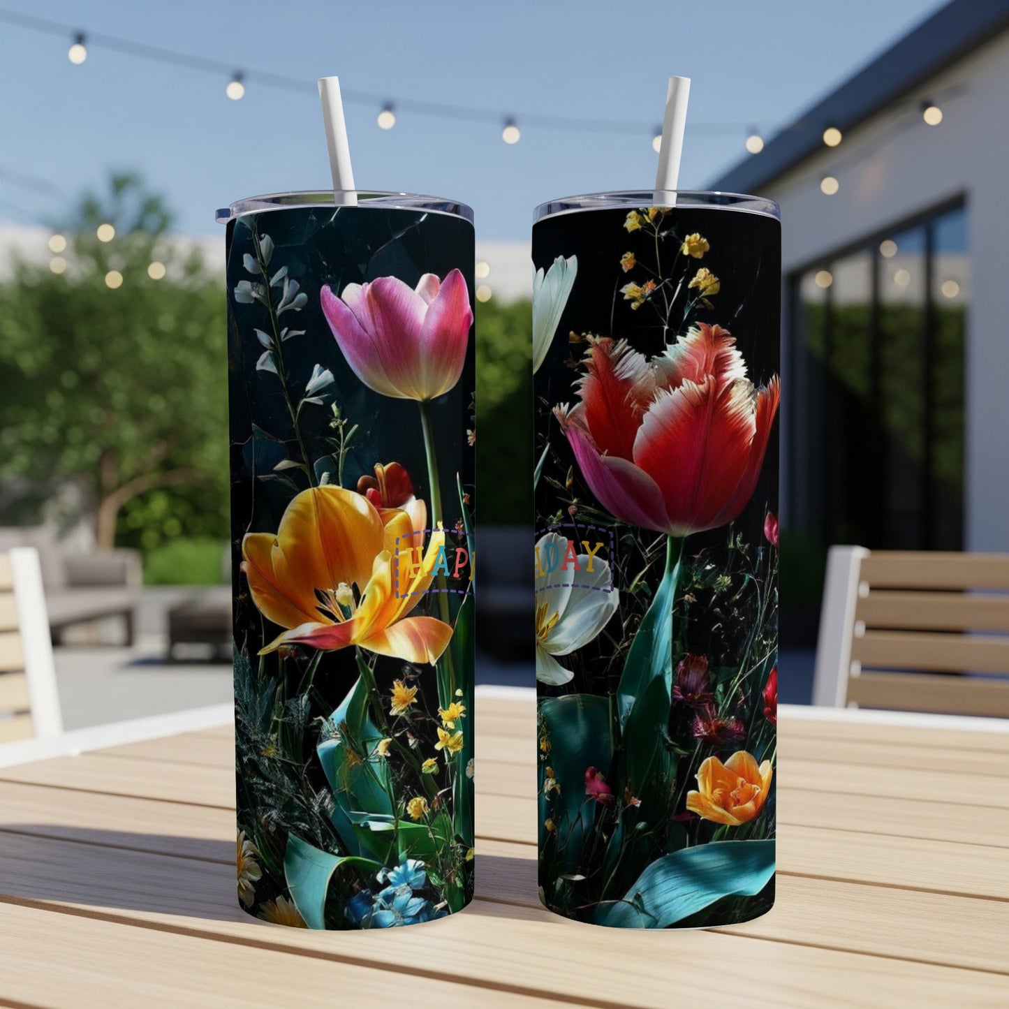 Two tumblers with a vibrant floral design featuring tulips and greenery.