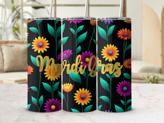 Black tumbler with Mardi Gras text and colorful floral pattern.