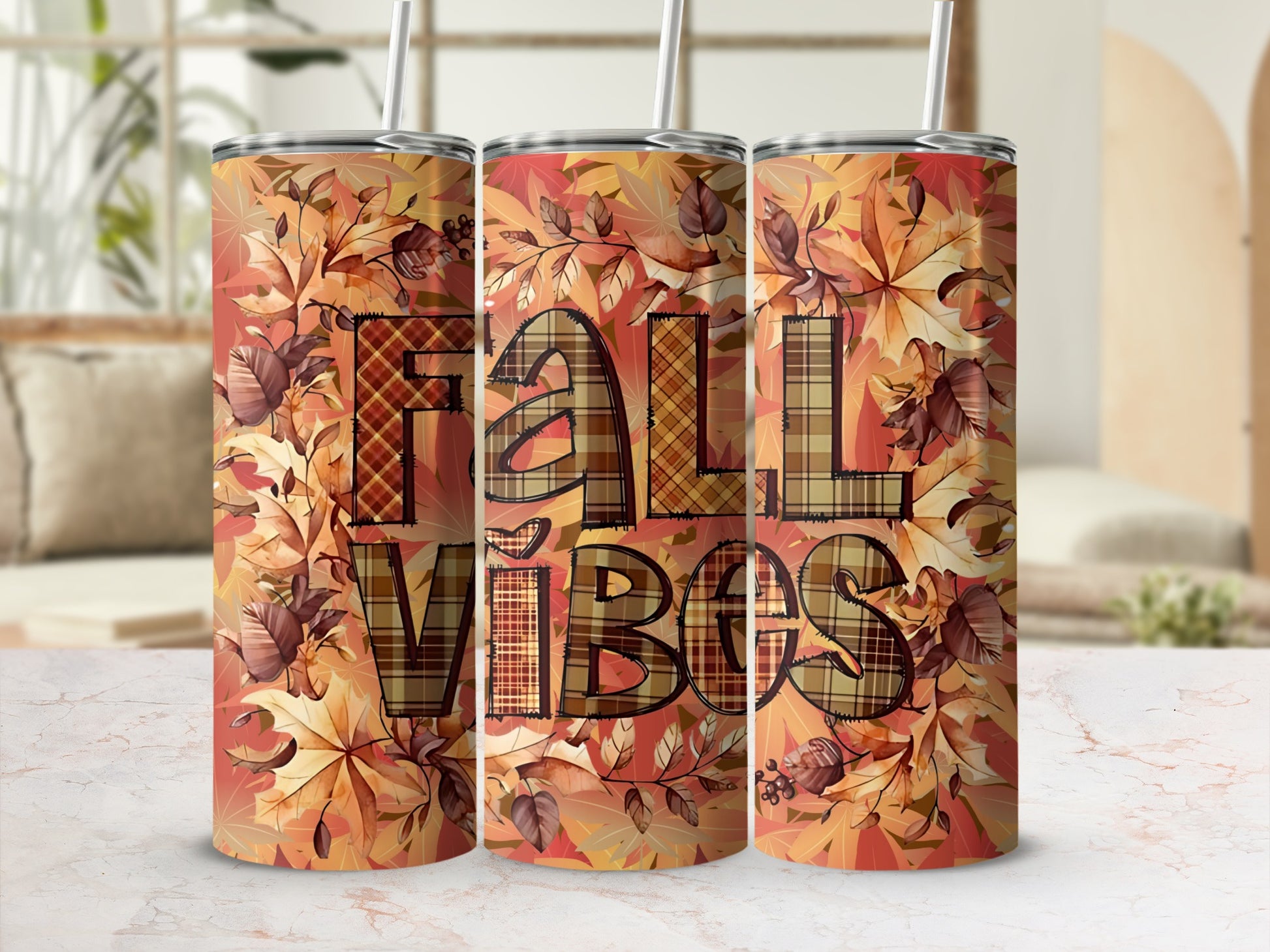 Fall Vibes Tumbler Autumn Leaves Design Flask