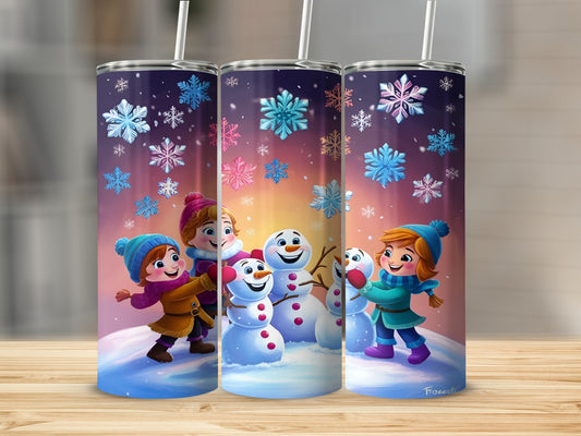 Three snowmen with children in winter clothing and snowflakes against a colorful sky.