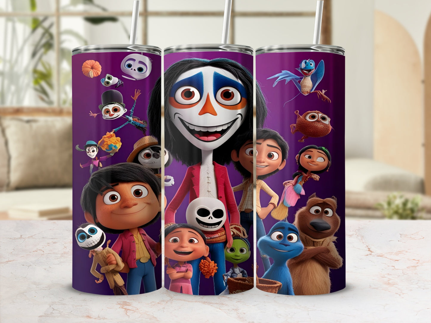 The Book of Life characters Manolo, Maria, Joaquin, and La Munequita on purple tumblers.