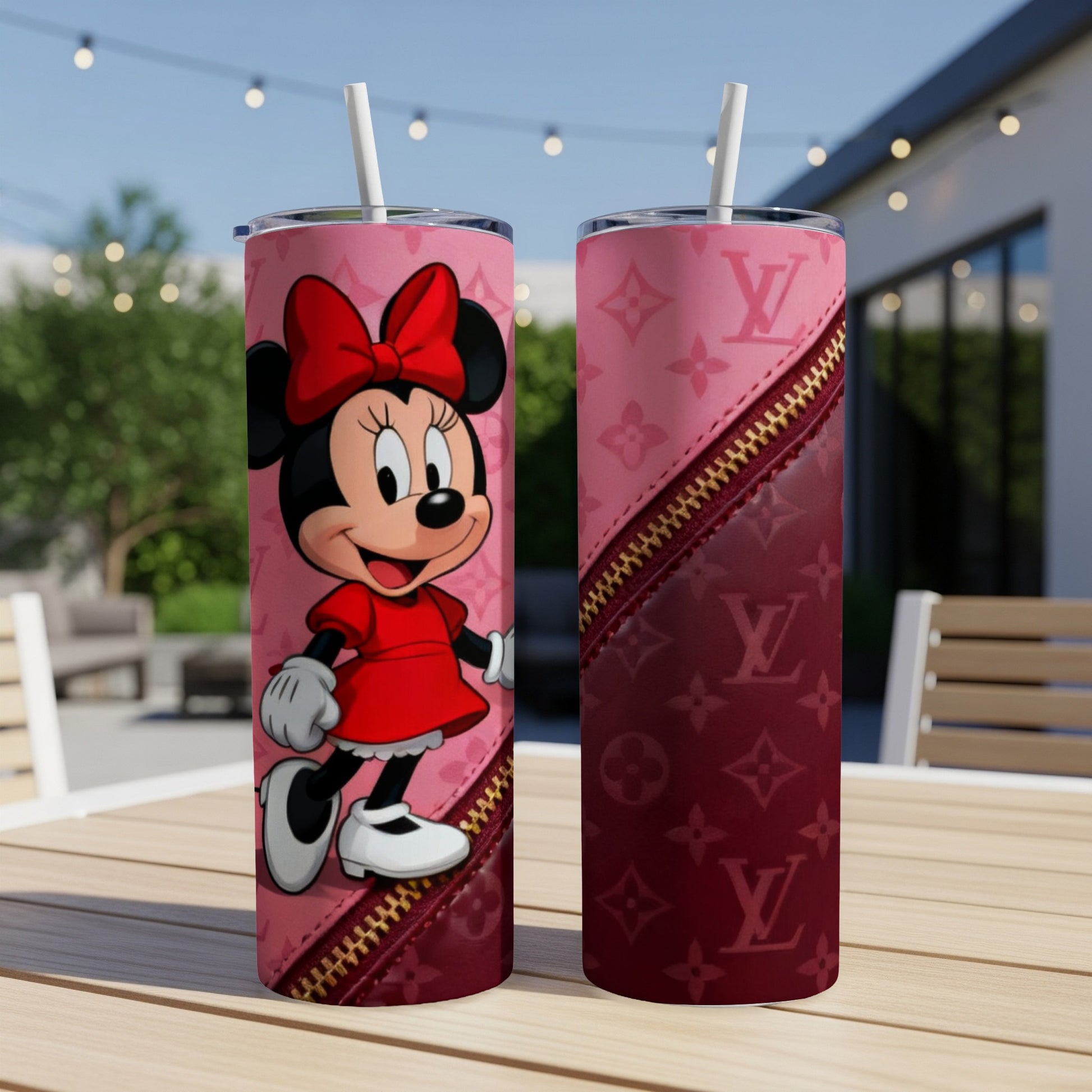 Minnie Mouse tumbler with pink LV pattern and red zipper design.