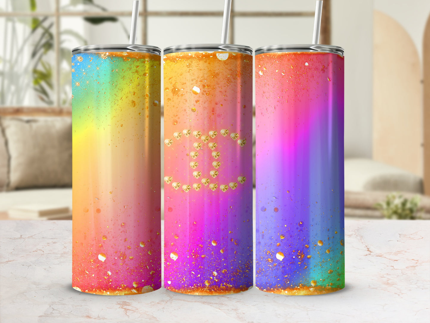Colorful Gradient Insulated Tumblers With Straws