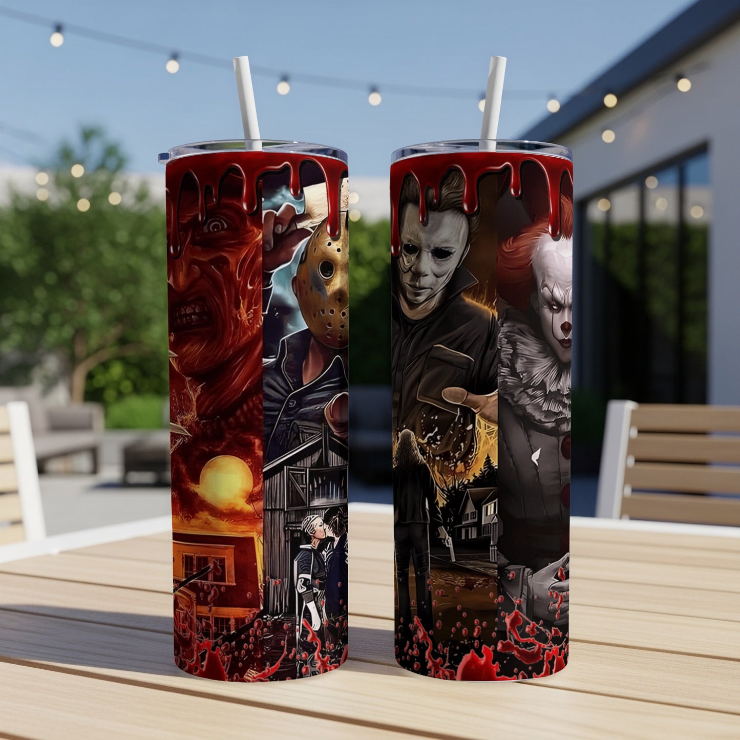 Two tumblers feature horror movie villains Freddy Krueger, Jason Voorhees, Michael Myers, and Pennywise.