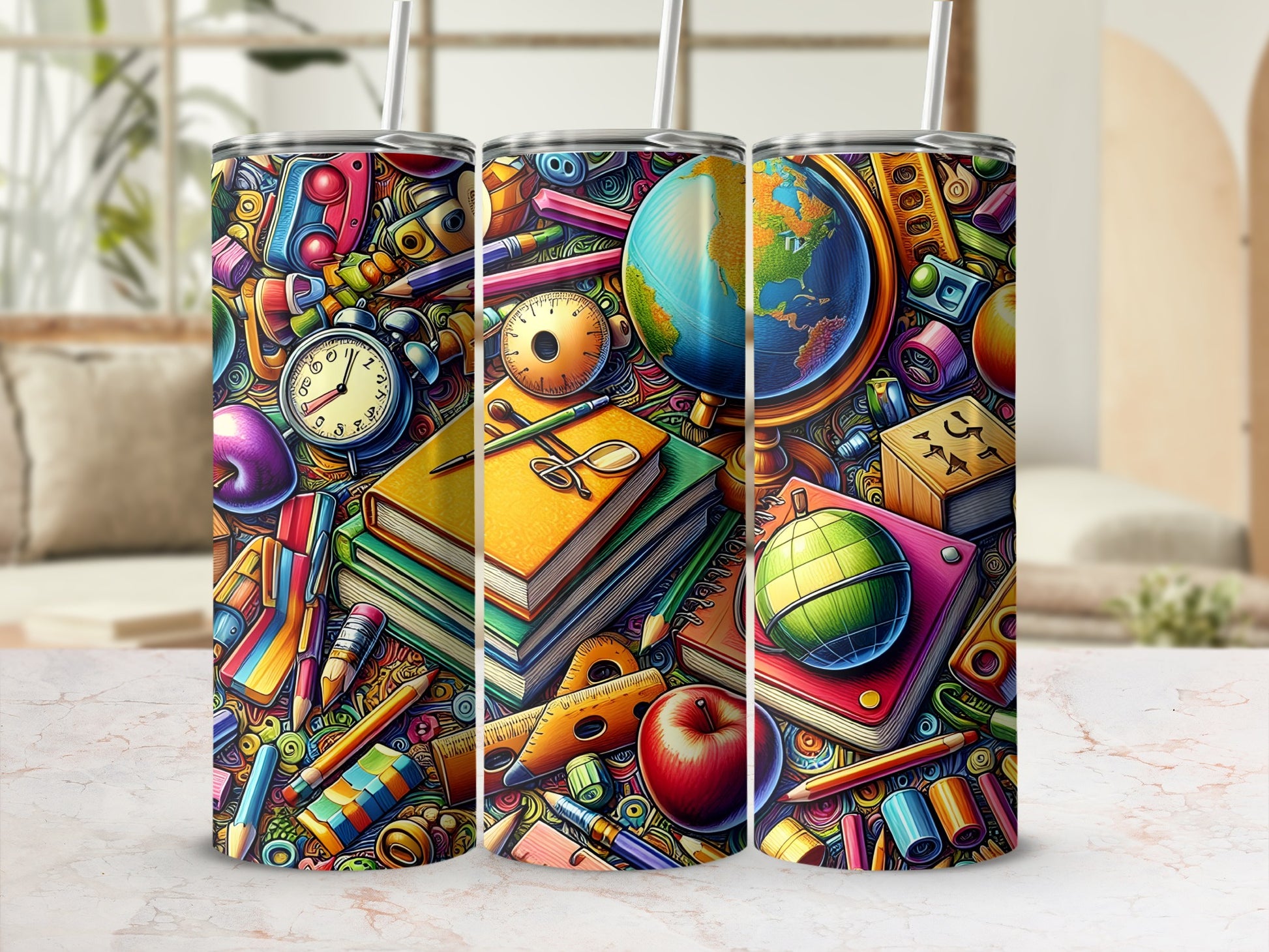 Tumblers with a colorful school supply and textbook pattern.