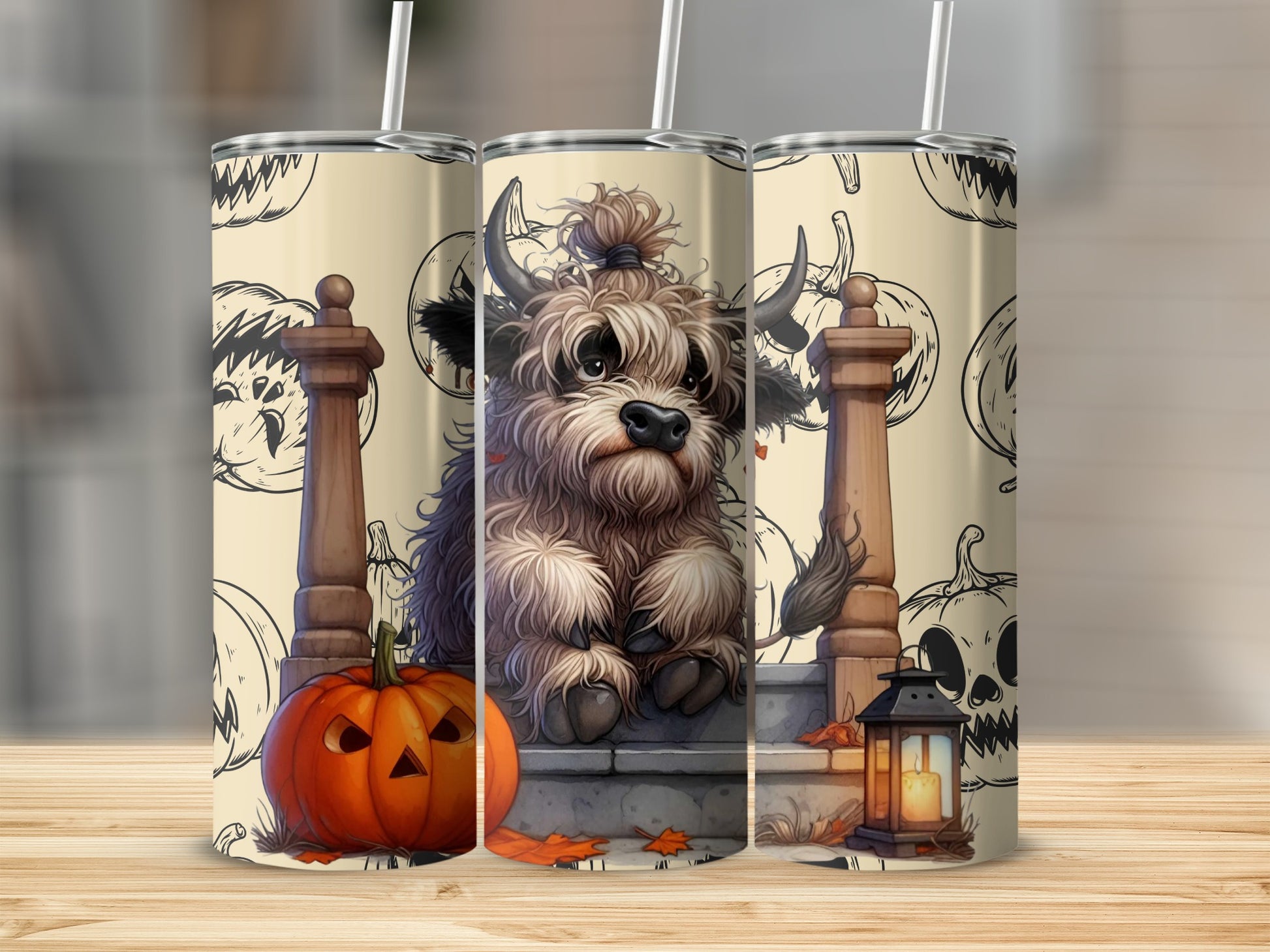 Halloween Dog Scene with Pumpkins and Lanterns tumbler