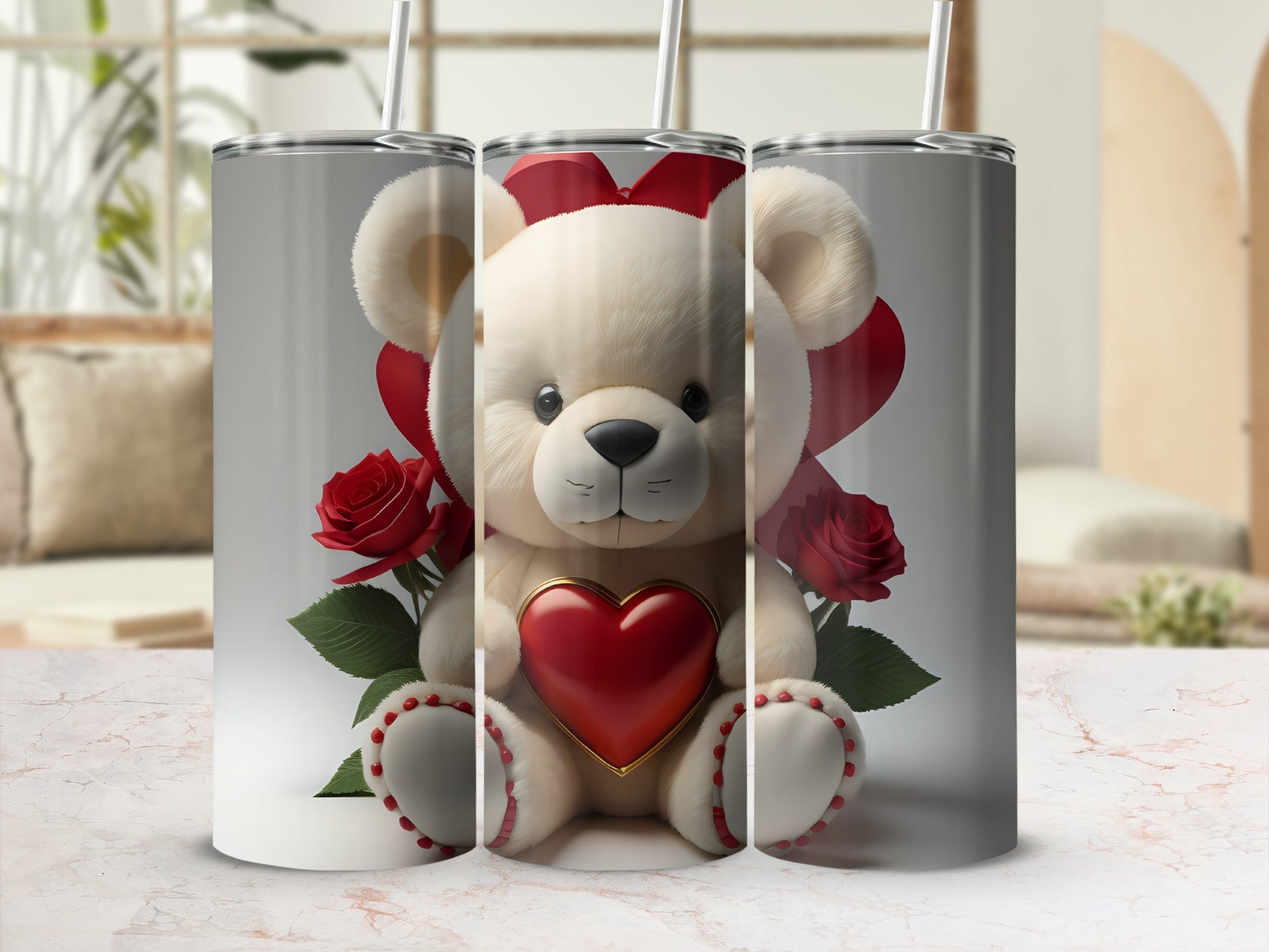 Adorable Teddy Bear with Roses and Heart Tumbler