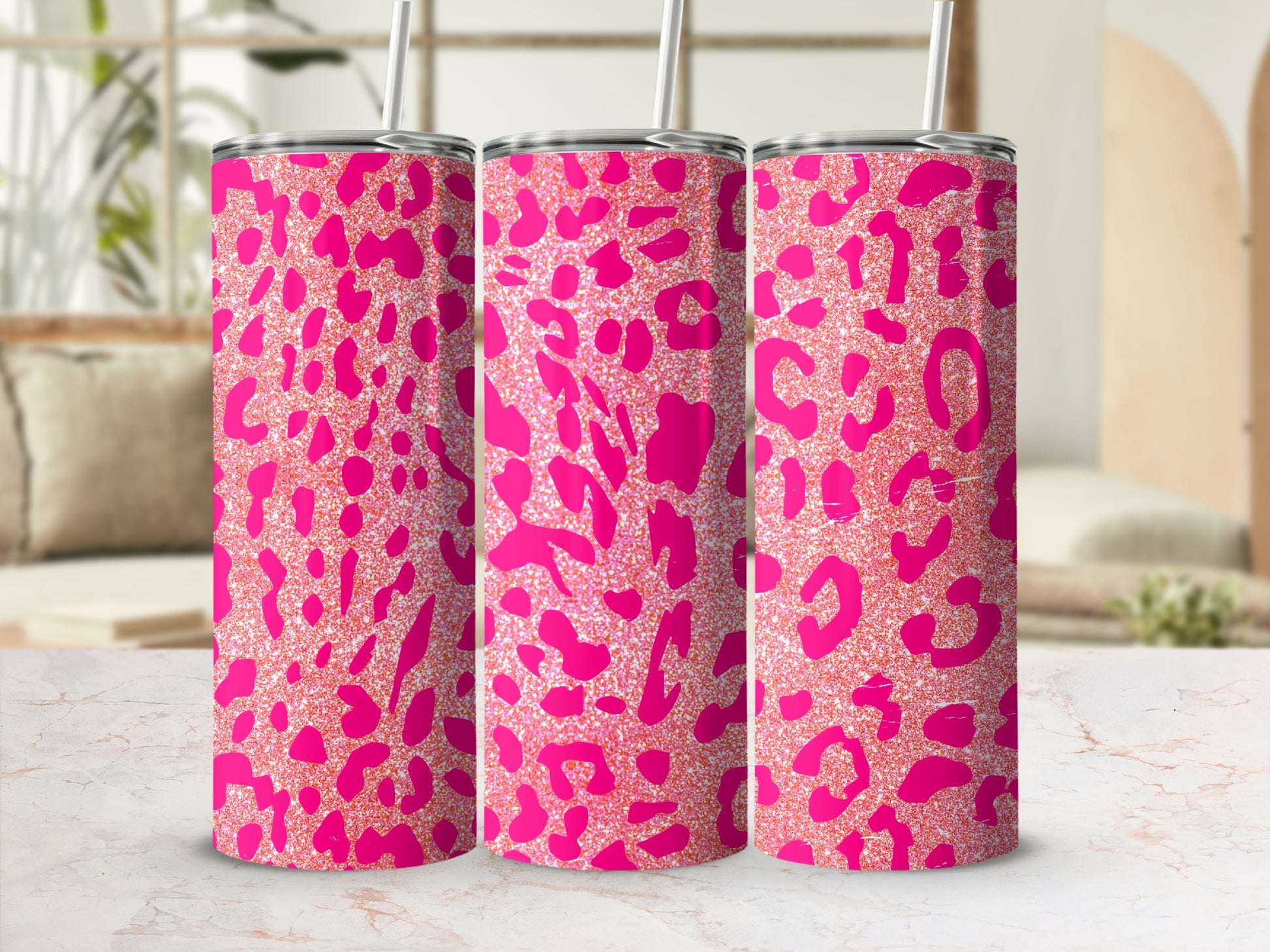 Vibrant Pink and Glitter Leopard Print Tumbler Product