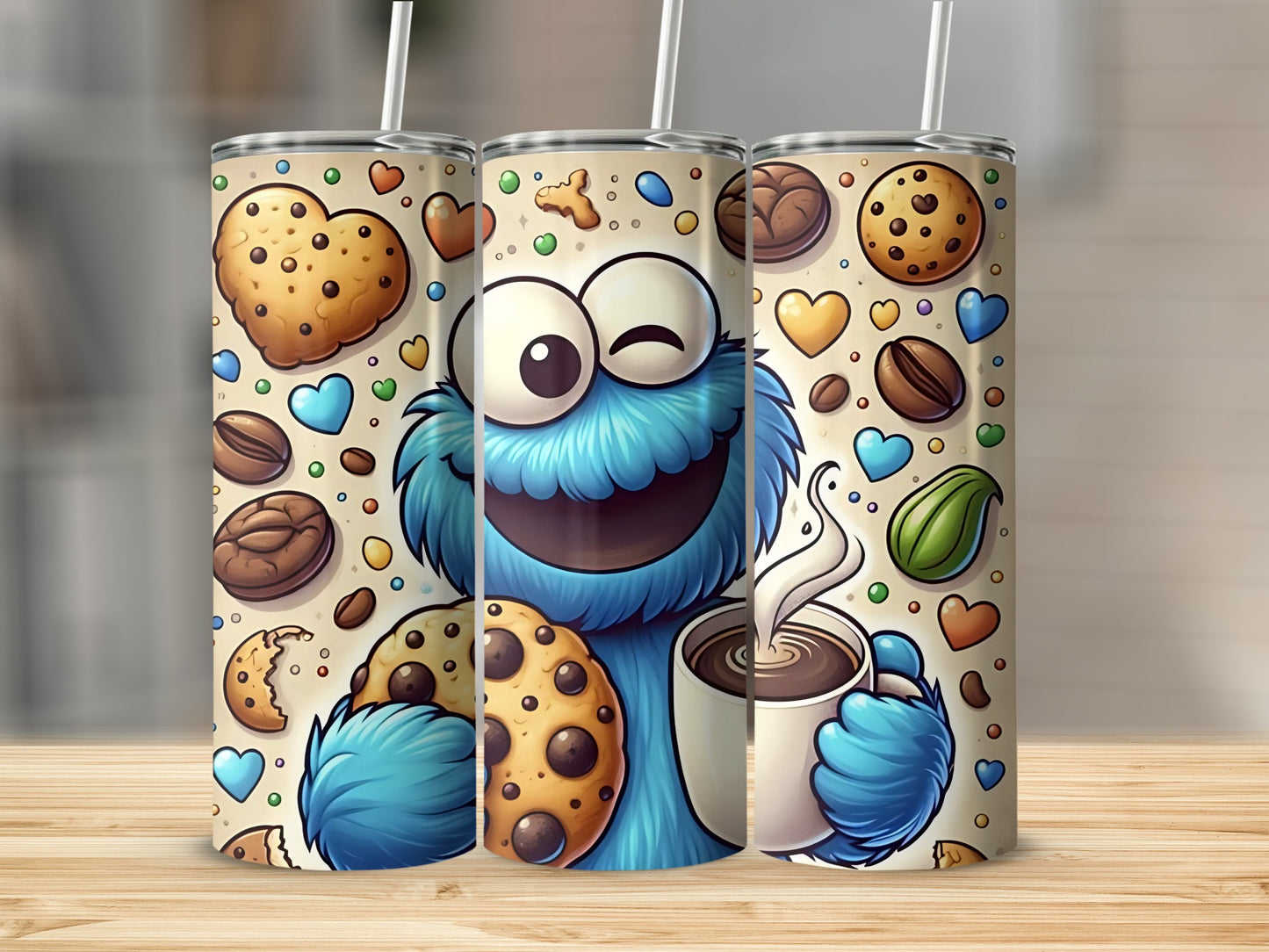 Cookie Monster Enjoying Coffee and Cookies Art Tumblers