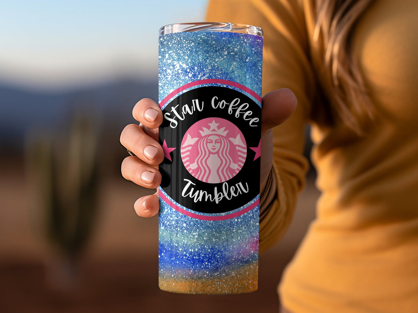 Sparkling Star Coffee Tumbler with Blue Ombre Design