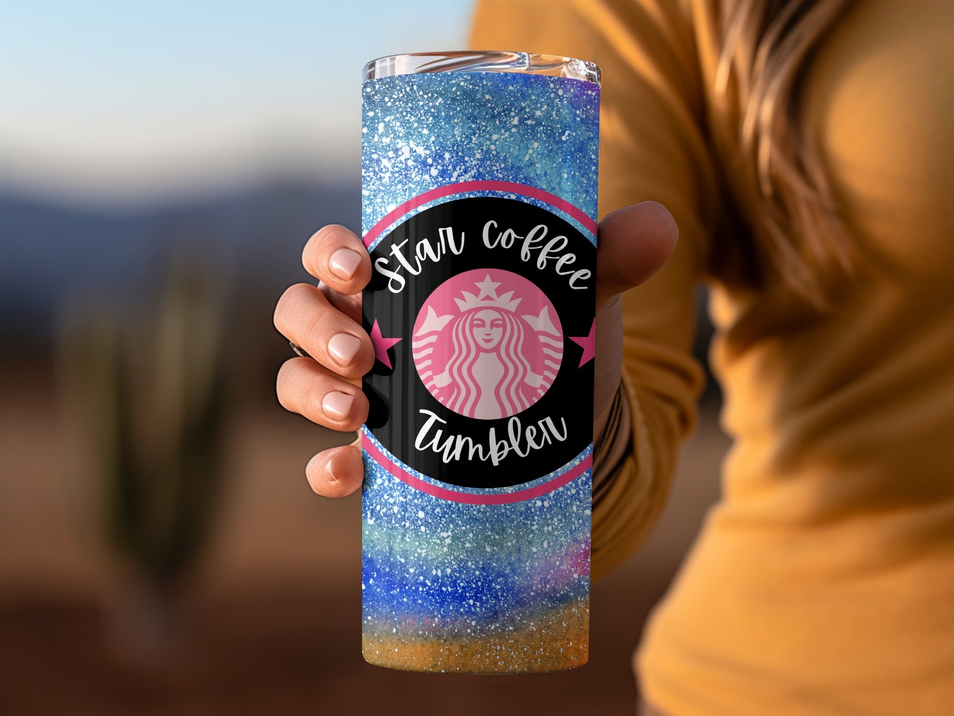 Sparkling Star Coffee Tumbler with Blue Ombre Design