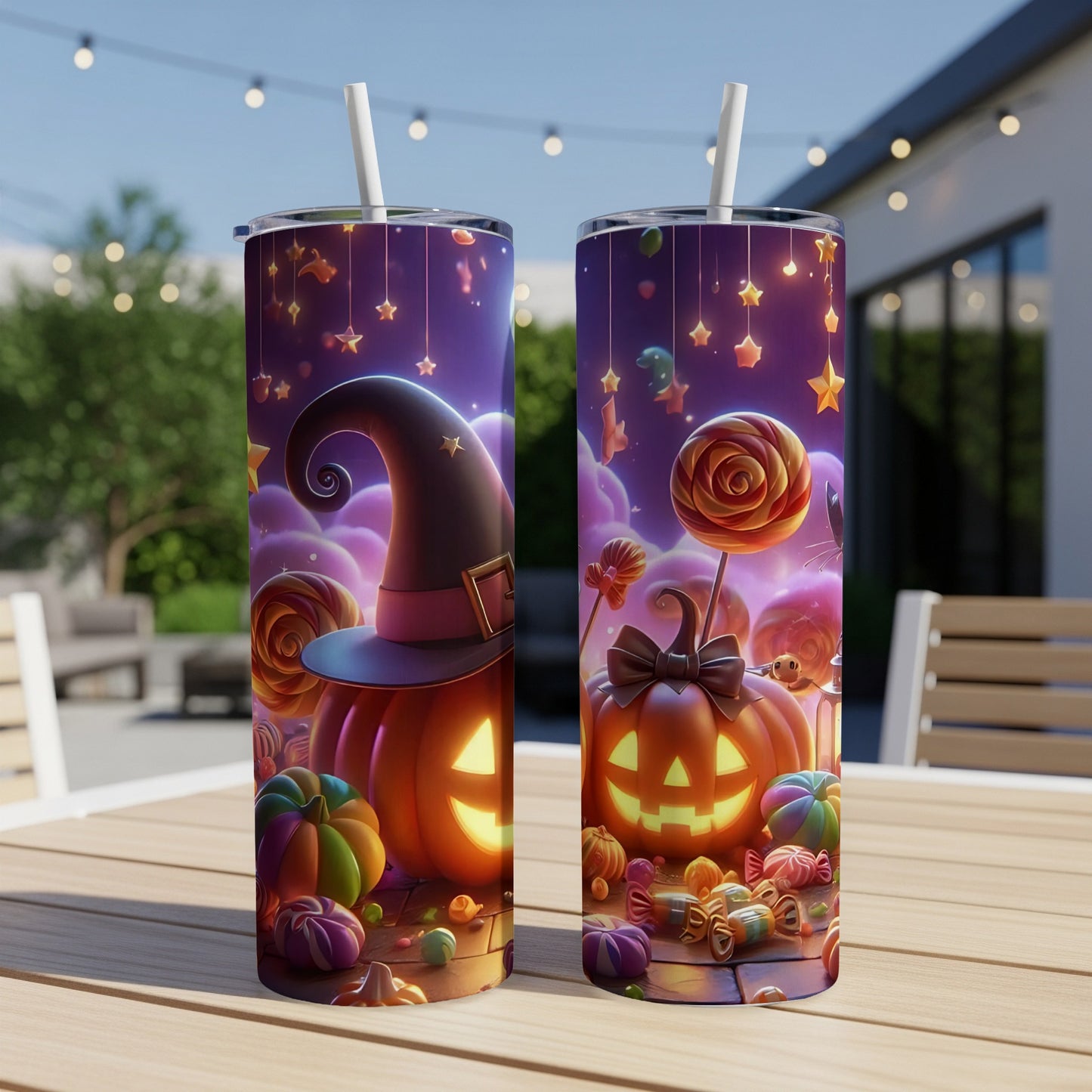 Two tumblers with Halloween pumpkins, candy, and a starry sky design.