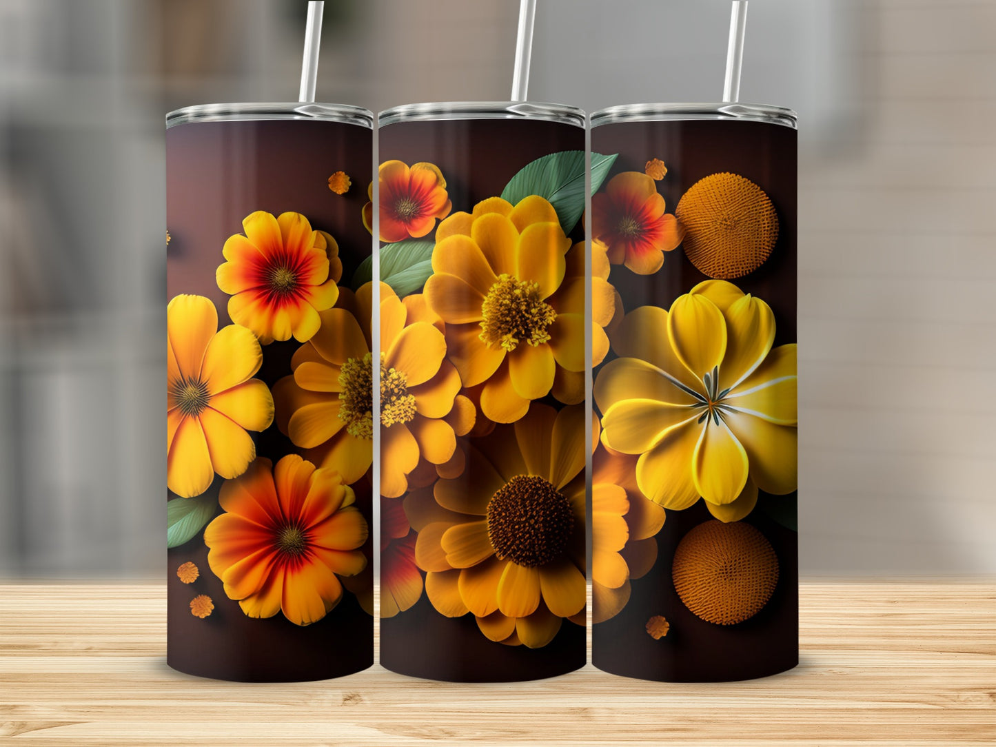 Vibrant Yellow and Orange Floral Insulated Tumbler