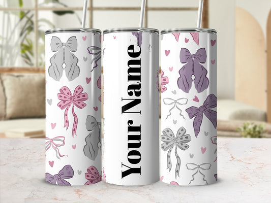 Customized Bow and Heart Pattern Tumbler with Straw