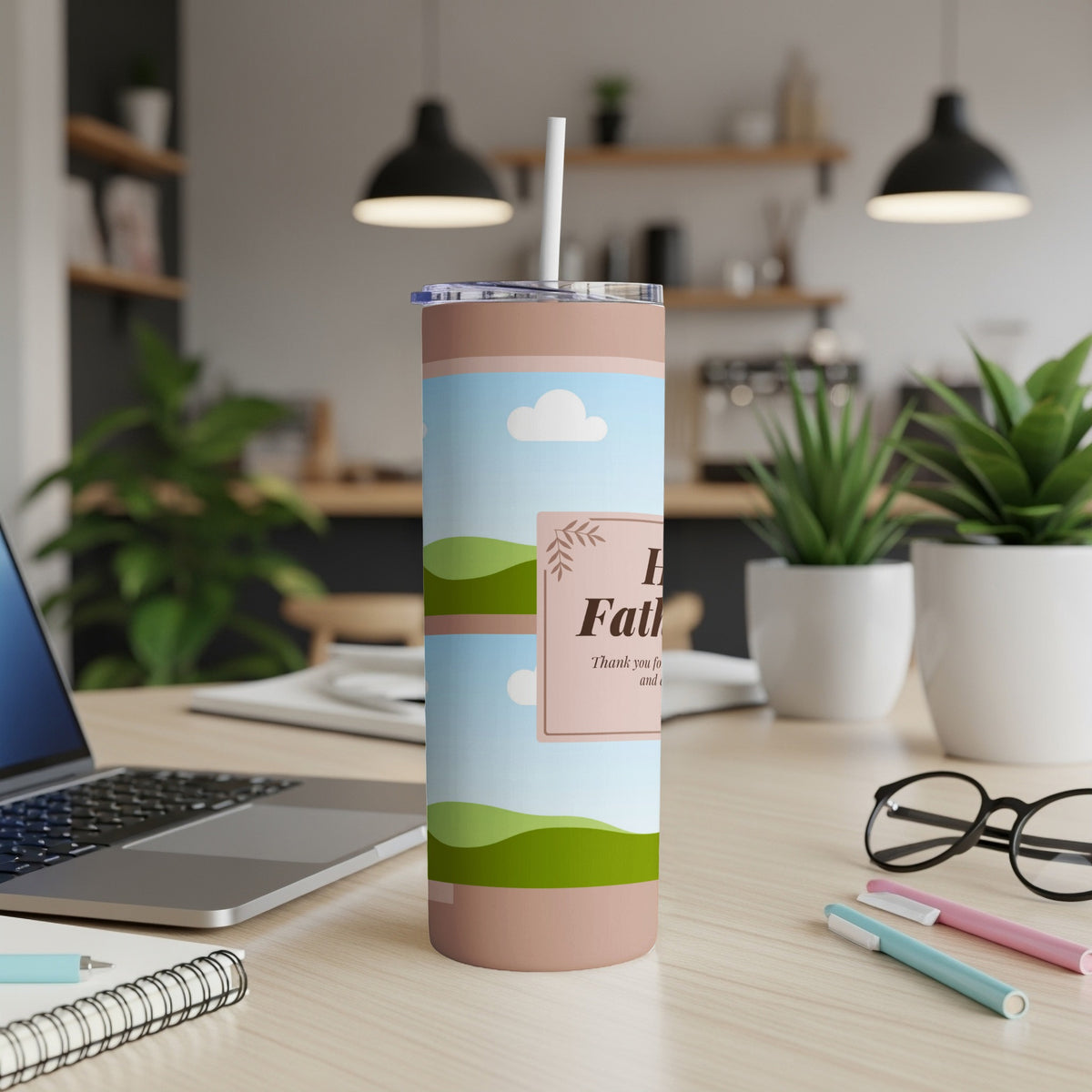 Tumbler with "Happy Father's Day" text and a landscape design.