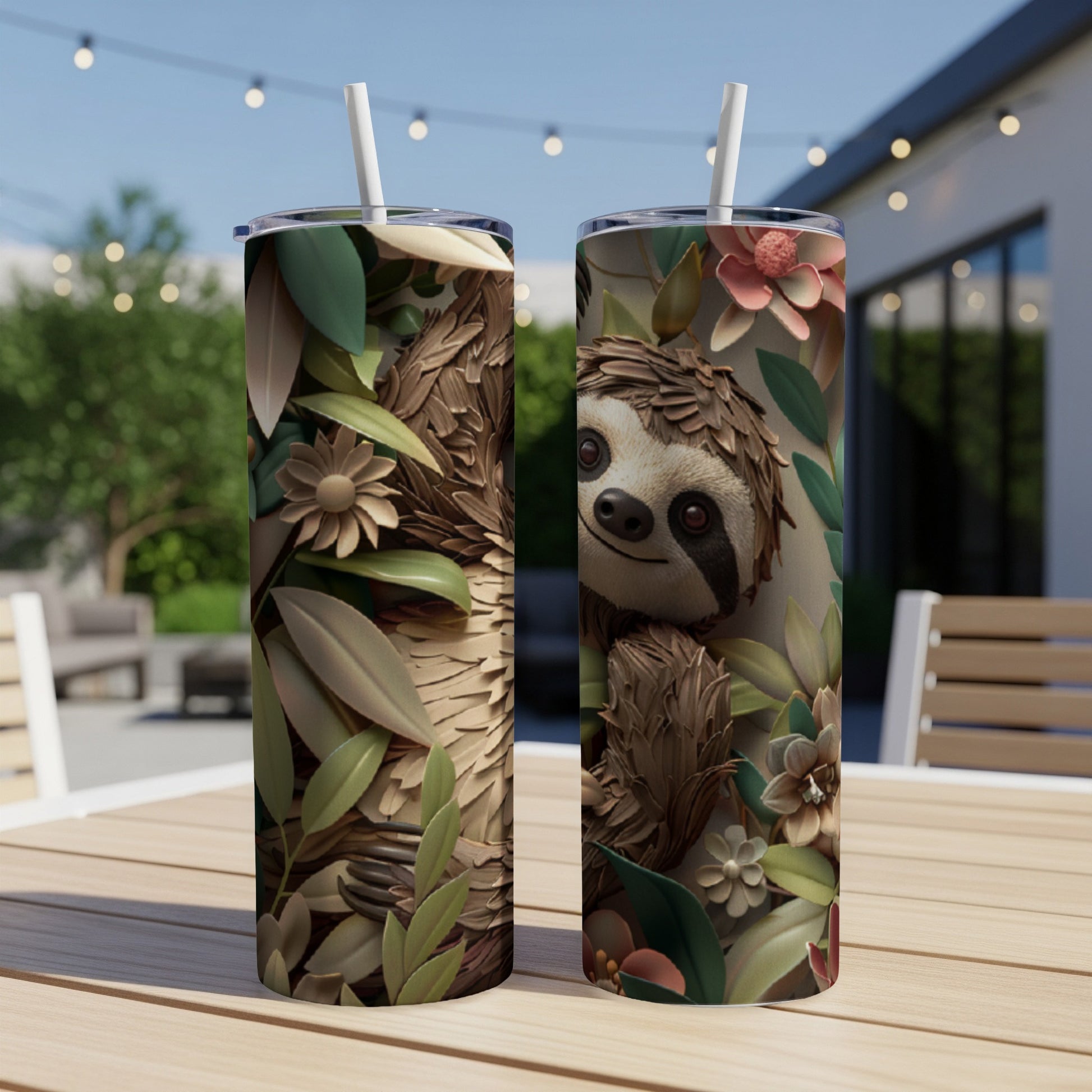 Two tumblers with a sloth and floral design on a table outdoors.