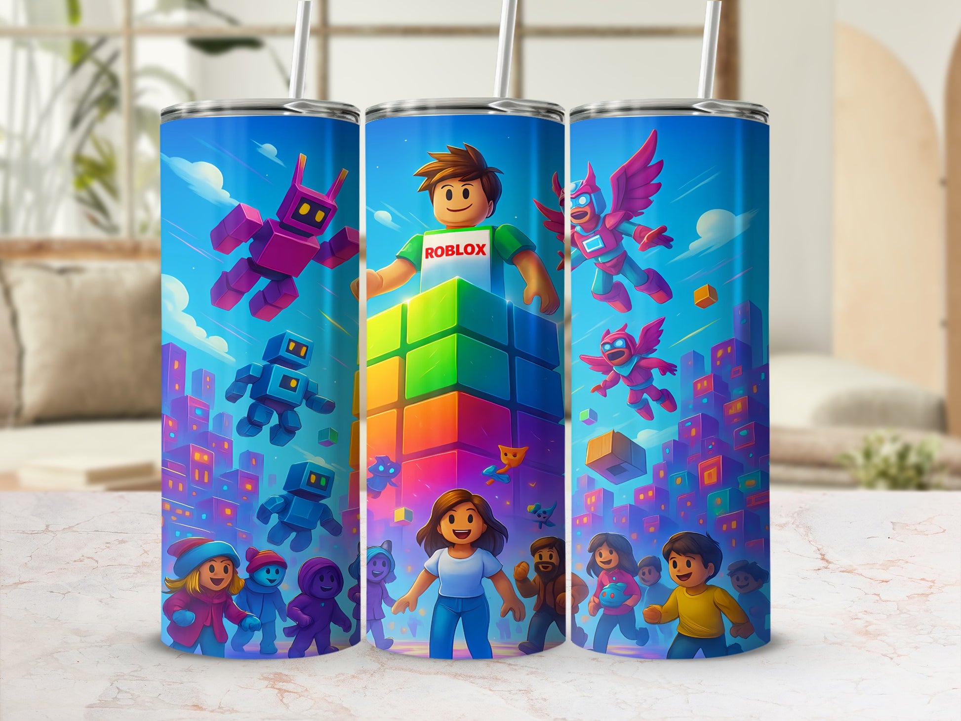 Colorful Roblox Themed Tumbler with Lid and Straw