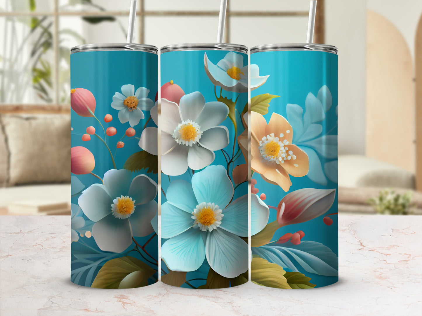 Floral Pattern Tumbler with Straw Stainless Steel Flask