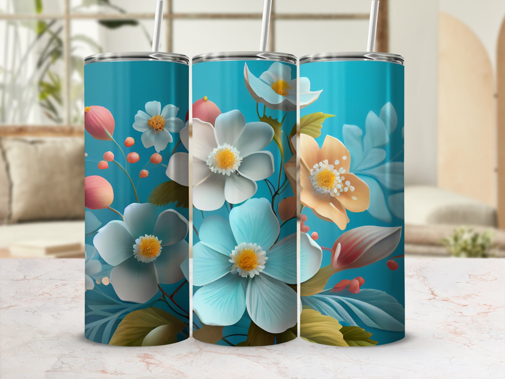 Floral Pattern Tumbler with Straw Stainless Steel Flask