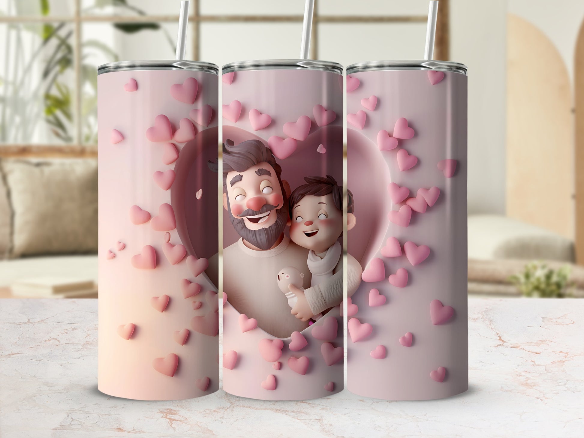 Father and son embraced within a heart-shaped frame of pink hearts.