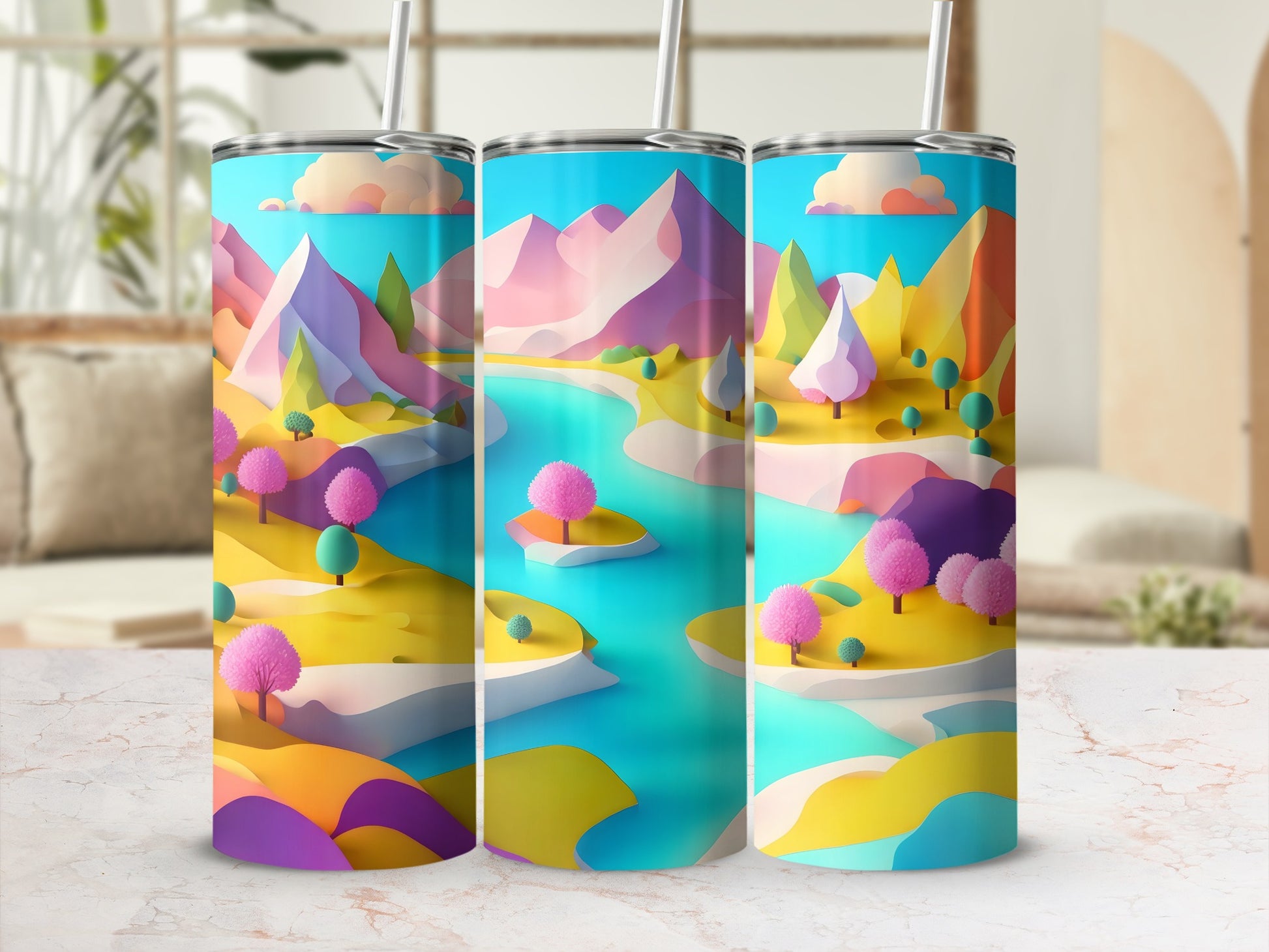 Tumbler with abstract colorful mountain landscape, river, and trees.