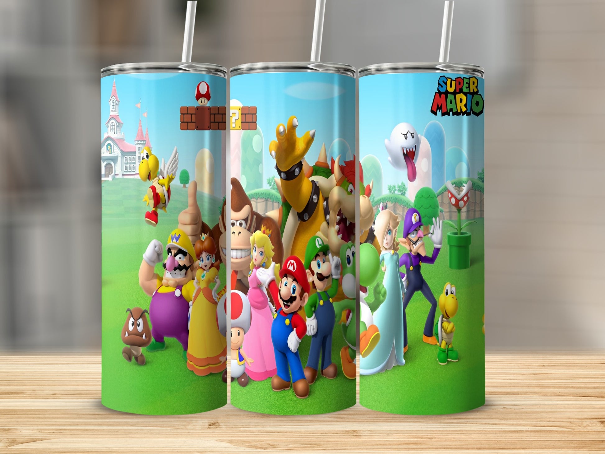 Super Mario characters in a vibrant scene on a tumbler.
