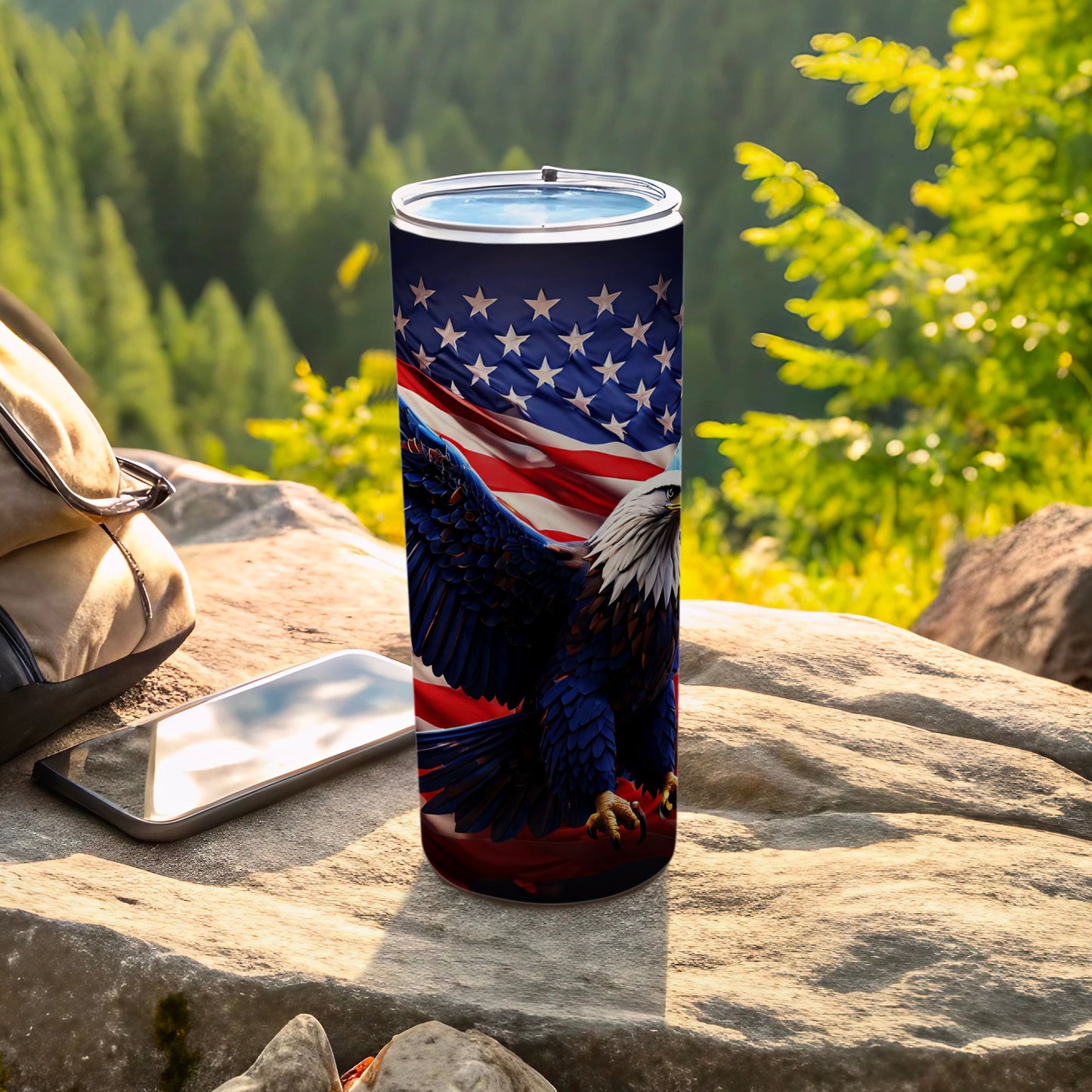 Tumbler featuring an eagle and American flag design, outdoors.