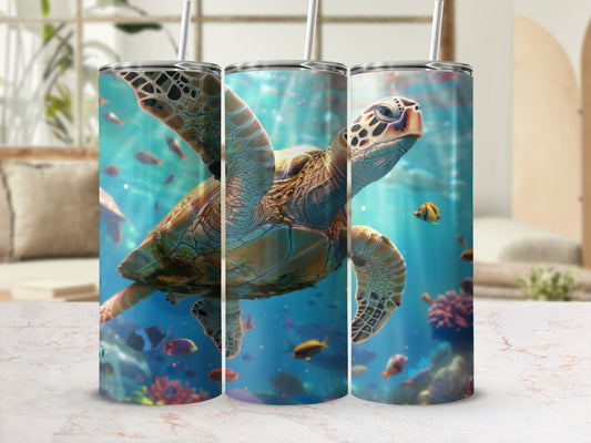 Sea turtle swims underwater among coral and small fish.